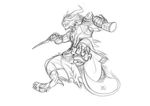  armor blindfold charr claws dagger fangs feline guild_wars horn jackrow jumping male mammal monochrome multiple_ears paws sketch solo video_games weapon 