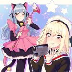  2girls animal_ears artist_name bang_dream! bang_dream!_it's_mygo!!!!! bell blonde_hair blue_background blue_hair bulkobon camcorder camera cardcaptor_sakura cat_ears cat_girl cat_tail cosplay daidouji_tomoyo daidouji_tomoyo_(cosplay) hat highres holding holding_camera holding_scepter jingle_bell kemonomimi_mode kinomoto_sakura kinomoto_sakura_(cosplay) kinomoto_sakura_(kitty) long_hair medium_hair misumi_uika multiple_girls pantyhose purple_eyes sailor_collar sailor_hat scepter simple_background skirt smile star_(symbol) tail togawa_sakiko video_camera yellow_eyes yuri 