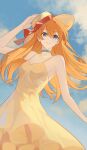  1girl absurdres blue_choker blue_eyes blurry_edges breasts choker cloud cloudy_sky dress floating_hair hair_between_eyes hand_on_own_hat hat highres jiabingkele long_hair looking_at_viewer neon_genesis_evangelion orange_hair red_ribbon ribbon sky smile souryuu_asuka_langley sun_hat sundress 