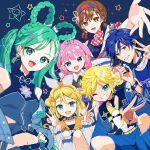  2boys 4girls absurdres aqua_eyes aqua_hair arms_up blonde_hair blue_choker blue_dress blue_eyes blue_hair blue_jacket blue_nails blue_shirt braid breasts brother_and_sister brown_eyes brown_hair choker commentary_request crop_top detached_sleeves dress earrings fingernails hair_between_eyes hair_ornament hand_on_own_hip hatsune_miku heart heart_earrings highres jacket jewelry kagamine_len kagamine_rin kaito_(vocaloid) kasaki_sakura light_blush long_hair long_sleeves looking_at_viewer magical_mirai_(vocaloid) magical_mirai_kaito magical_mirai_kaito_(2025) magical_mirai_len magical_mirai_len_(2025) magical_mirai_luka magical_mirai_luka_(2025) magical_mirai_meiko magical_mirai_meiko_(2025) magical_mirai_miku magical_mirai_miku_(2025) magical_mirai_rin magical_mirai_rin_(2025) medium_breasts megurine_luka meiko_(vocaloid) midriff multiple_boys multiple_girls nail_polish navel official_alternate_costume official_alternate_hairstyle open_mouth orange_sailor_collar pink_hair plaid_clothes plaid_shirt reaching reaching_towards_viewer sailor_collar see-through_clothes see-through_sleeves shirt short_sleeves siblings skirt sky small_stellated_dodecahedron smile star_(sky) star_(symbol) star_hair_ornament starry_sky stomach thighhighs twin_braids twintails very_long_hair vocaloid yellow_nails 