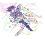  2boys ? animification aoerliangkaochipisa89963 aqua_eyes bird_boy bird_wings black_boots black_hair black_pants black_shirt blush_stickers boots bright_pupils brown_hair brown_pants brown_shoes chinese_commentary commentary_request goggles goggles_on_head headband holding holding_map humanization jacket long_sleeves looking_at_viewer male_focus map minecraft_youtube multicolored_jacket multiple_boys open_clothes open_jacket open_mouth pants parrot_boy parrotx2 purple_eyes purple_headband shirt shoes short_hair simple_background single_blush_sticker smile sneakers squinting treasure_chest white_background white_pupils wifies wings 