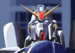  absurdres blue_eyes blurry blurry_background building commentary_request f91_gundam glowing glowing_eyes gun gundam gundam_f91 highres machine_gun machinery mecha mecha_focus ml_(emunieru) mobile_suit no_humans portrait robot science_fiction solo v-fin weapon window 