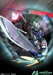  card_(medium) commentary_request company_name copyright_logo copyright_name copyright_notice glowing glowing_eyes gn_drive gn_flag gn_sword green_eyes gundam gundam_00 gundam_arsenal_base gundam_exia logo mecha mecha_focus mobile_suit moyashi_koubou no_humans official_art robot science_fiction union_flag v-fin weapon 