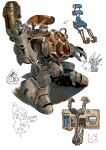  1boy brown_theme canopy_(aircraft) caterpillar_tracks cockpit control_stick ephe99261012 goggles goggles_on_headwear gun hashtag-only_commentary highres holding holding_gun holding_weapon holding_wrench mecha mecha_focus mechanical_foot multiple_views open_cockpit original pilot pilot_chair robot science_fiction simple_background sketch standing weapon white_background wrench 