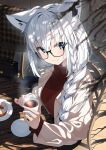 1girl absurdres ahoge alternate_costume animal_ear_piercing animal_ears aqua_eyes borumete braid braided_ponytail breasts brown_sweater chair closed_mouth coffee commentary_request crossed_bangs cup day double-parted_bangs extra_ears fox_ears fox_girl glasses hair_between_eyes hair_over_shoulder highres holding holding_cup hololive jacket lapels long_hair looking_at_viewer low_ponytail medium_breasts notched_lapels on_chair ponytail semi-rimless_eyewear shirakami_fubuki side_braid sitting smile solo sweater turtleneck turtleneck_sweater virtual_youtuber white_hair white_jacket 