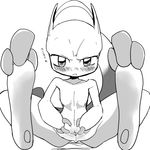  annoyed blush digitigrade female feral flat_chested japanese_text mega_evolution mega_mewtwo_y megamewtwo mewtwo mokanyann monochrome nintendo plain_background pok&#233;mon pok&eacute;mon pussy sitting solo spread_legs spread_pussy spreading text video_games white_background 