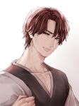  1046sstep_btoh 1boy aizen_sousuke bleach brown_eyes brown_hair collarbone commentary_request head_tilt japanese_clothes male_focus portrait signature simple_background smile solo white_background 