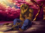  abs ango76 anthro biceps big_muscles black_nose blonde_hair blue_eyes brown_fur claws clothed clothing feline fur hair half-dressed jeans lion long_hair m.mcallister88 male mammal mane muscles pants pecs pose sitting solo sword tattoo toe_claws toned topless tree weapon 