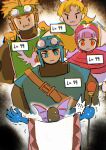  2girls 3boys :3 ? artist_name aviator_cap aviator_goggles black_bodysuit blonde_hair blue_eyes blue_hat blue_skin blue_tunic blunt_bangs bodysuit capelet claws cloak colored_skin dragon_quest dragon_quest_ii furrowed_brow goggles goggles_on_head green_cloak green_tabard hargon hat head_wings highres holding holding_staff hood hood_up hooded_capelet long_hair mouyi multiple_boys multiple_girls parted_bangs pink_hair prince_of_lorasia prince_of_samantoria princess_of_moonbrook princess_of_samantoria red_capelet red_eyes roto's_emblem short_hair spoken_question_mark staff sweatdrop tabard tunic wings 