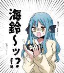  1girl asahi_rise bang_dream! bang_dream!_it's_mygo!!!!! blue_hair blue_ribbon character_doll commentary_request doll hair_ribbon highres long_hair long_sleeves open_mouth ribbon shirt sidelocks timoris_(bang_dream!) togawa_sakiko translation_request white_shirt yahata_umiri yellow_eyes 