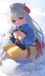  1girl absurdres black_gloves blue_shrug blush bow breasts breath chisei259 cleavage commentary flower fuyuka_(stella_sora) gloves hair_flaps hair_flower hair_intakes hair_ornament highres holding holding_snowball large_breasts leotard long_hair looking_at_viewer outdoors peanut_mouth red_bow shrug_(clothing) snow snowball snowflake_brooch solo squatting stella_sora thigh_strap thighs very_long_hair white_hair white_leotard yellow_leggings 