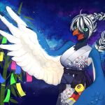 1:1 anthro avian beak bird black_body black_feathers blue_body blue_feathers breasts cheek_tuft cissa_(idorrth) clothing costume detailed_background digital_media_(artwork) dress facial_tuft feathers female green_eyes hair half-length_portrait happy hi_res holding_out_hand neck_tuft open_mouth ponytail portrait raised_wings simple_background small_breasts smile solo standing star stripes tuft urotori white_body white_feathers wings