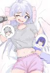  3girls ahoge anger_vein blue_eyes breasts bronya_zaychik bronya_zaychik_(silverwing:_n-ex) cheek_pinching commentary_request diamond-shaped_pupils diamond_(shape) grabbing_another's_stomach grey_eyes grey_hair grey_shirt highres honkai_(series) honkai_impact_3rd kiana_kaslana kiana_kaslana_(herrscher_of_finality) large_breasts long_hair lying midriff multiple_girls navel on_back on_bed one_eye_closed pinching pink_shorts poruporu1211 purple_hair raiden_mei raiden_mei_(apho) shirt shorts symbol-shaped_pupils very_long_hair weapon 