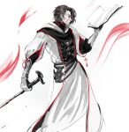  1boy absurdres belt book brown_hair cane cropped_legs elden_ring elden_ring_nightreign facial_hair from_side gauntlets gloves highres holding holding_book holding_cane monocle mustache_stubble qederapawn robe scholar_(elden_ring) solo standing stubble white_background white_robe 