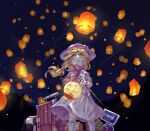 1girl backpack bag bai_he blonde_hair box crying crying_with_eyes_open dress happy_tears hat hat_ornament holding holding_lantern lantern long_hair looking_up louise_(touhou) neckerchief night night_sky open_mouth paper_lantern ribbon road_sign rolling_suitcase short_hair short_sleeves sign skirt sky solo suitcase tears touhou touhou_(pc-98) vacation yellow_eyes 