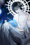  1boy abs absurdres black_eyes black_hair earth_(planet) halo halo_behind_head hayu_beck highres holding_planet kim_dokja knees_up male_focus omniscient_reader's_viewpoint open_clothes open_robe pectorals planet robe short_hair smile solo toned toned_male white_robe 