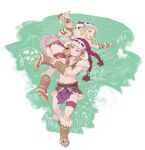  1boy 1girl ass barbarian_set_(zelda) blonde_hair blue_eyes boots border carrying_over_shoulder chatgris8 club_(weapon) cropped_vest earrings full_body fur-trimmed_boots fur-trimmed_vest fur_trim green_background green_eyes hetero highres holding holding_club holding_weapon jewelry medium_hair midriff navel open-toe_boots pointy_ears short_hair sidelocks skull_on_head the_legend_of_zelda the_legend_of_zelda:_breath_of_the_wild thigh_strap vest weapon white_border 