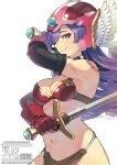  armor artist_name bikini_armor black_sleeves blue_eyes breasts cleavage dragon_quest dragon_quest_iii helmet holding holding_sword holding_weapon kuzuno_ha light_smile long_hair purple_hair revealing_swimsuit_(dq) simple_background stomach sword warrior_(dq3) weapon 