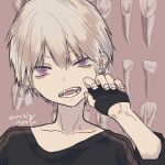  1boy artist_name bad_id bad_pixiv_id black_gloves black_shirt blonde_hair brown_background collarbone copyright_request dated earclip earrings fangs fingerless_gloves gloves hair_between_eyes hand_up jewelry long_sleeves looking_at_viewer male_focus open_mouth portrait purple_eyes shirt shoden short_hair solo t-shirt teeth 