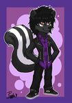  adidas amber_eyes black_fur black_hair black_pants border cool dress_shirt fur hair hands_in_pockets leather_jacket looking_at_viewer mammal messy_hair noire_(character) pugglepaws purple_background purple_shirt skunk smile sneakers spikes striped_tail white_fur white_markings 