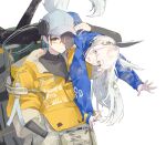  2girls animal_ears arknights arm_up asbestos_(arknights) baseball_cap black_pants blue_jacket carrying carrying_over_shoulder carrying_person commentary_request frown grey_hair grey_hat grey_shirt hair_over_one_eye hand_in_pocket happy hat highres infection_monitor_(arknights) jacket long_bangs long_sleeves multiple_girls pants revision sasa_fune shirt simple_background sleeves_rolled_up squirrel_ears squirrel_tail surfer_(arknights) tail white_background white_hair wide_sleeves yellow_eyes yellow_jacket 