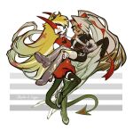 angel batoo_j blood blood_on_clothing bodily_fluids character_name charlie_morningstar clothed clothing colored_blood demon demon_humanoid duo eyes_closed fallen_angel female hazbin_hotel hellaverse horn humanoid not_furry simple_background spade_tail tail text unusual_blood unusual_bodily_fluids vaggie_(hazbin_hotel) white_background yellow_blood