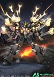  card_(medium) commentary_request company_name copyright_logo copyright_name copyright_notice firing firing_at_viewer gatling_gun glowing glowing_eyes green_eyes gundam gundam_arsenal_base gundam_heavyarms_custom gundam_wing gundam_wing:_endless_waltz logo mecha mecha_focus mobile_suit no_humans official_art robot science_fiction serike_w shell_casing solo v-fin 