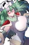  1girl arrancar bleach bleach:_sennen_kessen-hen breasts facial_mark fur-trimmed_thighhighs fur_trim green_hair hair_between_eyes highres large_breasts long_hair looking_at_viewer mask nelliel_tu_odelschwanck simple_background skull skull-shaped_hat skull_mask skull_on_head solo thatamaan thighhighs white_background 