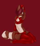  blue_eyes bow bulge canine clothed clothing crossdressing dog fur girly gloves hair hair_over_eye hindpaw legwear lithe looking_at_viewer male mammal mystikfox61 navel paws plain_background red_background red_fur red_hair simple_background slim solo stockings tan_fur thighs wide_hips 