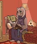  animal_ears bed bedroom blush book caprine claws female goat hindpaw horn human mammal morbi open_mouth paws protagonist_(undertale) reading sleeping smile storytelling tears toriel undertale 