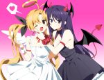  2girls alion_9715 angel angel_and_devil aoi_sena black_dress blonde_hair blush breasts brown_eyes chaos;head cheek_pinching demon_girl demon_horns demon_tail demon_wings dress fake_horns feathered_wings highres horns long_hair medium_breasts multiple_girls one_eye_closed open_mouth orihara_kozue pinching purple_eyes purple_hair science_adventure small_breasts smile tail twintails white_dress white_wings wings 