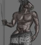  anthro brown_body brown_fur brown_hair clothed clothing equine fur gdane grey_background hair half-dressed horse male mammal muscles pecs plain_background simple_background solo standing topless underwear 