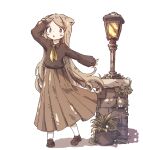  1girl animal_ears brown_eyes brown_hair brown_shirt brown_skirt cat_ears chipie_0114 full_body highres lantern long_hair long_skirt long_sleeves neckerchief original shirt skirt standing very_long_hair yellow_neckerchief 