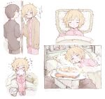  2boys alternate_costume antenna_hair basil_(faraway)_(omori) basil_(omori) black_eyes black_hair black_shirt blonde_hair blowing_nose blue_eyes blush bowl closed_eyes collared_pajamas commentary_request dated double-parted_bangs epipoxyp food hair_between_eyes highres holding holding_tissue holding_tray long_sleeves looking_at_another lying male_focus multiple_boys omori on_side pajamas pants parted_lips pink_pajamas pink_pants shirt short_hair short_sleeves sidelocks sitting slippers soup spoon sunny_(omori) tissue_box translation_request trash_can tray under_covers 