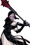  1girl black_capelet black_gloves black_hood blood blood_on_weapon capelet cowboy_shot dress elbow_gloves elden_ring elden_ring_nightreign flanged_mace gloves highres holding holding_mace holding_weapon incoming_attack jiro_(ninetysix) mace nun pelvic_curtain solo swinging_weapon undertaker_(elden_ring) weapon white_background white_coif white_dress 