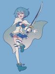  1girl belt blue_background blue_boots blue_eyes blue_hair blue_skirt blue_theme boots cape detached_sleeves fortissimo frown full_body gloves hair_ornament highres looking_at_viewer magical_girl mahou_shoujo_madoka_magica mahou_shoujo_madoka_magica_(anime) miki_sayaka miki_sayaka_(magical_girl) miniskirt mochitose_aguri musical_note musical_note_hair_ornament open_mouth pleated_skirt short_hair signature simple_background skirt solo thigh_belt thigh_strap thighhighs white_cape white_gloves white_thighhighs 