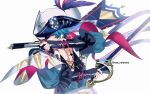  1boy asymmetrical_dual_wielding blue_hair blue_shirt brant_(wuthering_waves) commentary cutlass dual_wielding glowing gun hat hat_feather highres holding holding_gun holding_sword holding_weapon male_focus open_clothes open_shirt pink_eyes sae_naiyatsu shirt short_hair simple_background solo sword symbol-only_commentary tacet_mark_(wuthering_waves) toned toned_male tricorne twitter_username weapon white_background wuthering_waves 
