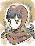  1girl artist_name black_hair blunt_bangs brown_background capelet closed_mouth cropped_torso dragon_quest dragon_quest_ii highres hood hood_up hooded_capelet long_hair mouyi parted_bangs princess_of_moonbrook red_capelet red_eyes signature sketch solo upper_body 