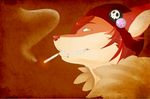  ambiguous_gender anthro canine cigarette facial_piercing fox fur hair lip_piercing mammal mystikfox61 orange_fur piercing plain_background red_background red_hair red_nose skull smile smoking solo star tan_fur teeth 