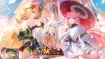  3girls animal_ears aqua_eyes aqua_nails armpit_crease back bare_shoulders black_choker blonde_hair blue_ribbon blurry blurry_background book breasts bug butterfly cardigan character_request choker chyoel cowboy_shot curled_horns dress floating_hair fox_ears guest_art hair_bun highres holding holding_book horns houchi_shoujo large_breasts leg_tattoo long_hair long_sleeves looking_at_viewer medium_hair multiple_girls nape off_shoulder orange_eyes petals pink_eyes pink_hair red_ribbon ribbon tattoo thigh_strap thighs white_dress white_hair white_horns 