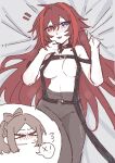  >_< 2girls :3 ???_(assault_lily) ahoge assault_lily bed_sheet belt belt_collar black_belt black_collar blue_eyes blush bow-shaped_hair breasts brown_hair brown_pantyhose chest_harness chibi chibi_inset closed_eyes collar cowboy_shot flying_sweatdrops gatti_love half-closed_eyes hands_up harness head_only heterochromia highres ichinomiya_michaela_himari long_hair looking_at_viewer lying medium_breasts multiple_girls nipple_slip nipples no_mouth no_pupils nose_blush notice_lines on_back pantyhose pantyhose_only parted_lips ponytail red_eyes red_hair sheet_grab smile speech_bubble spoken_x sweatdrop topless_female very_long_hair 