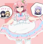  4girls :d ^_^ ahoge ando_tazusa apron assault_lily banshouya_ena black_hair black_ribbon blonde_hair blue_bow blue_bowtie blush border bow bowtie bright_pupils chibi chibi_inset closed_eyes closed_mouth clover commentary_request cowboy_shot dress four-leaf_clover frilled_apron frilled_dress frills garter_straps hair_between_eyes hands_up high_ponytail highres hitotsuyanagi_riri long_hair looking_at_viewer low-tied_sidelocks multiple_girls neck_ribbon no_pupils nose_blush o_o one_side_up outline outside_border pink_border pink_dress pink_eyes pink_hair ponytail purple_hair raised_eyebrows red_background red_eyes ribbon school_uniform shirai_yuyu short_hair short_sleeves sidelocks simple_background skirt_hold smile standing thighhighs triangle_mouth waist_apron white_outline white_pupils white_thighhighs yurigaoka_girls_academy_school_uniform yuzuki_suzuha 