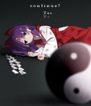  1girl absurdres blurry bow bruise commentary defeat depth_of_field english_text gohei hair_bow hakama hakurei_reimu hakurei_reimu_(pc-98) highly_responsive_to_prayers highres holding holding_gohei injury japanese_clothes long_hair lying miko on_side orb purple_eyes purple_hair red_hakama solo soooooook2 touhou touhou_(pc-98) user_interface yin_yang yin_yang_orb 