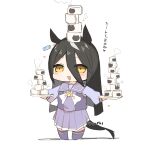  1girl absurdres animal_ears balancing balancing_on_head black_hair blush bow bowtie chibi coffee_mug cup ear_tag earrings hair_between_eyes heart highres holding holding_cup holding_tray horse_ears horse_girl horse_tail jewelry long_bangs long_hair long_hair_between_eyes long_sleeves looking_at_viewer manhattan_cafe_(umamusume) mug multicolored_hair open_mouth pleated_skirt purple_sailor_collar purple_serafuku purple_shirt purple_skirt purple_thighhighs sailor_collar sailor_shirt school_uniform serafuku shirt single_earring skirt smile solo steaming_cup tail thighhighs too_many tracen_school_uniform tray umamusume very_long_hair white_bow white_bowtie white_hair ya.yu. yellow_eyes 
