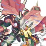  absurdres armor colored_skin digimon digimon_(creature) dragon dual_wielding gauntlets glowing glowing_eyes green_skin helmet highres holding holding_shield horns level-00 orange_skin red_armor red_hair red_helmet shield simple_background styracomon wargreymon white_background yellow_armor yellow_eyes 