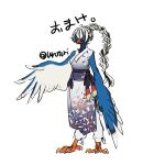 1:1 anthro avian beak bird black_body black_feathers blue_body blue_feathers breasts cheek_tuft cissa_(idorrth) clothing costume digital_media_(artwork) dress facial_tuft feathers feet female full-length_portrait green_eyes hair hi_res holding_out_hand neck_tuft open_mouth ponytail portrait raised_wings signature simple_background small_breasts smile solo standing stripes talons toes tuft urotori white_body white_feathers wings