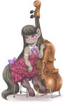  black_hair blush bow bow_(stringed_instrument) bow_tie breasts cello cleavage clothed clothing dress equine female friendship_is_magic fur grey_fur grey_hair hair hoihoi horse mammal muscles musical_instrument my_little_pony octavia_(mlp) plain_background pony purple_eyes solo stool white_background 