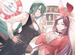  2girls alternate_costume animal_ears ascot black_bow black_bowtie black_pants black_pantyhose black_vest bow bowtie braid braided_ponytail breasts closed_mouth collared_shirt earrings fake_animal_ears fire_emblem fire_emblem_heroes green_hair hairband hand_up jacket jewelry large_breasts leotard loki_(fire_emblem) long_hair long_sleeves looking_at_viewer maeshima_shigeki medium_breasts multiple_girls pants pantyhose playboy_bunny ponytail purple_eyes purple_hair rabbit_ears red_hairband red_jacket roulette roulette_table shirt single_braid smile table thorr_(fire_emblem) vest white_ascot white_leotard white_shirt yellow_eyes 