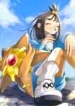  1girl black_hair blue_hoodie blue_sky blush bottle choker closed_eyes cloud cube_hair_ornament earclip hair_ornament highres holding holding_bottle hood hood_down hoodie jacket leggings lida_(pokemon) long_hair long_sleeves open_mouth orange_leggings outdoors pokemon pokemon_(creature) pokemon_legends:_z-a ribbed_socks shoes sky smile socks staryu sweat teeth topknot two-tone_legwear water_bottle white_choker white_leggings white_socks wispy_bangs yomogi_(black-elf) 