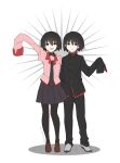  1boy 1girl :3 :d ^^^ absurdres arm_behind_another's_back arm_up artist_name black_eyes black_hair black_jacket black_necktie black_pants black_pantyhose black_shirt black_skirt bob_cut brown_shoes closed_mouth collared_shirt commentary dated dress_shirt dual_persona empty_eyes gakuran grey_shoes hair_between_eyes high_collar highres initial jacket light_smile loafers long_sleeves manimani_(mani_ma) monogatari_(series) naoetsu_high_school_uniform narrowed_eyes necktie open_mouth oshino_ougi outstretched_arms pale_skin pants pantyhose pink_shirt pleated_skirt red_trim school_uniform shadow shirt shoes short_hair side-by-side signature skirt sleeves_past_fingers sleeves_past_wrists smile standing turtleneck undershirt white_background 